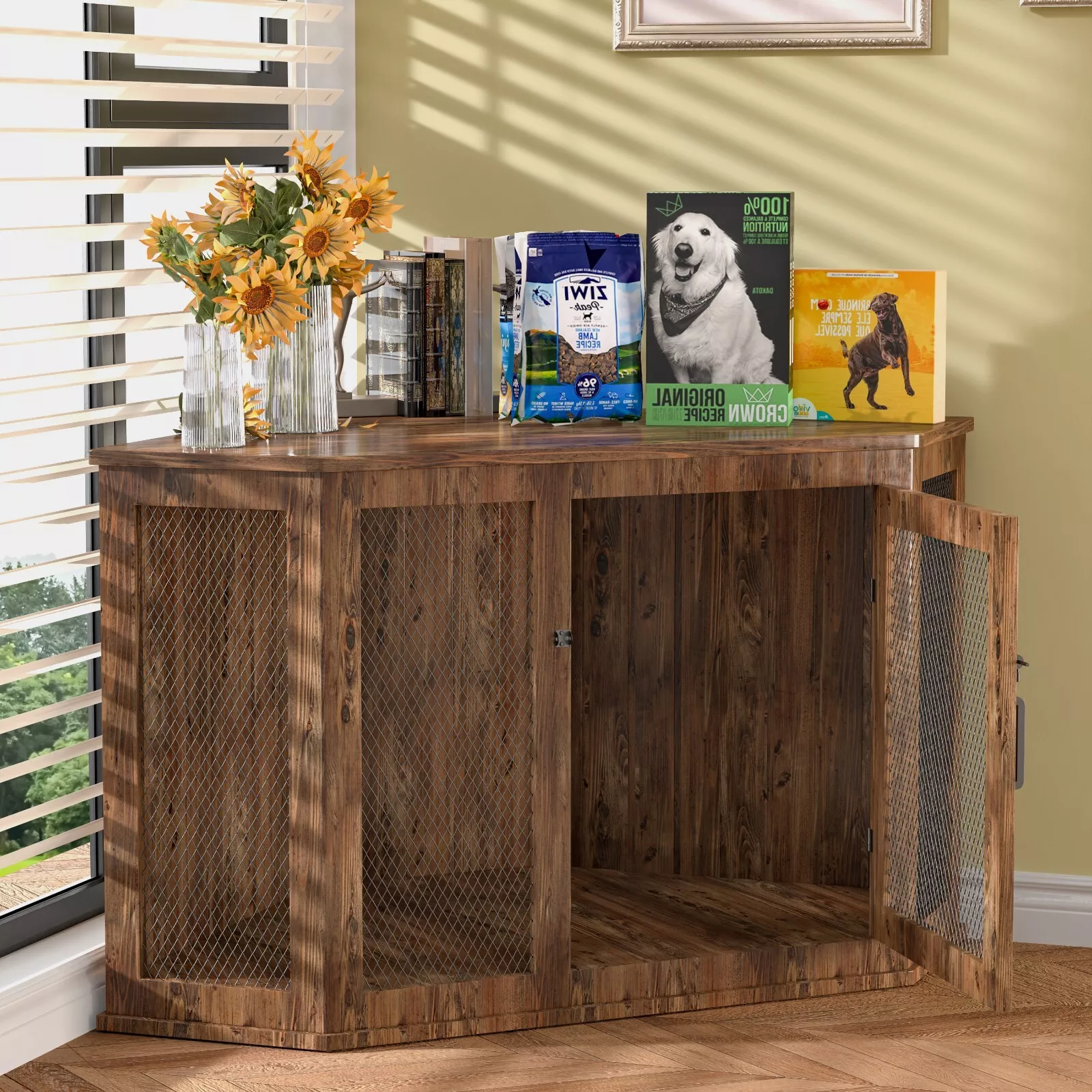 KPIBEST Corner Dog Crate Furniture, Dog Kennel Furniture with Metal Mesh, Wooden Dog Crate End Table, Small Medium Dogs, Brown