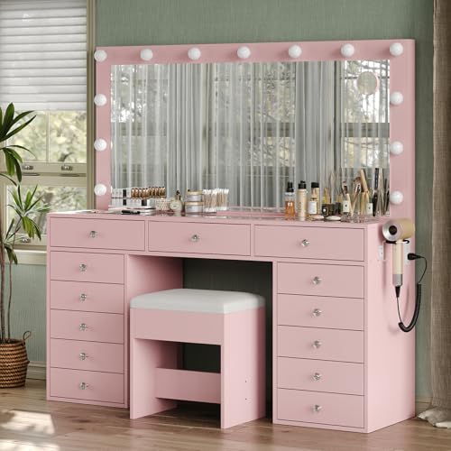 55" W Vanity Desk, Makeup Vanity with Charging Station, 15 Drawers with Lighted Mirror, 3 Lighting Modes, Brightness Adjustable, Glass Top