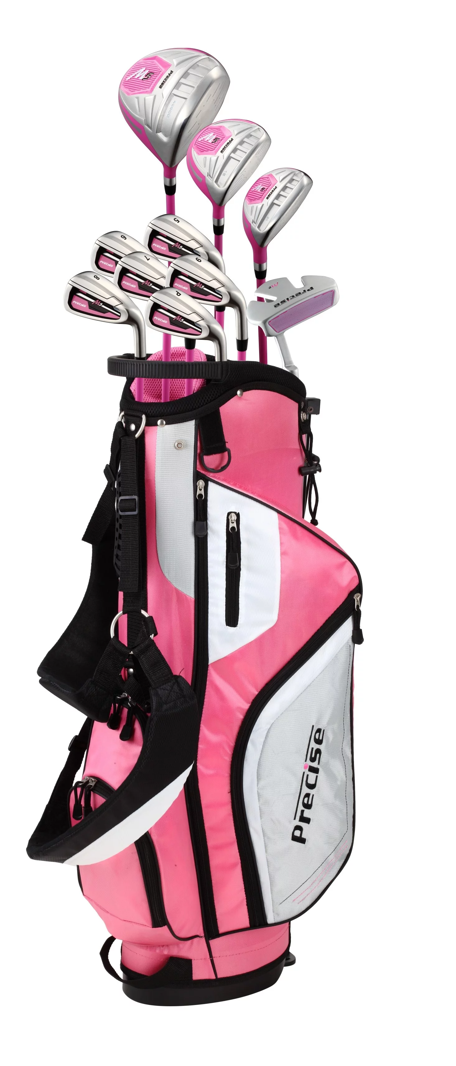 top line ladies pink right handed m5 golf club set, includes: driver, wood, hybrid, no. 5,6,7,8,9, pw stainless steel irons, putter