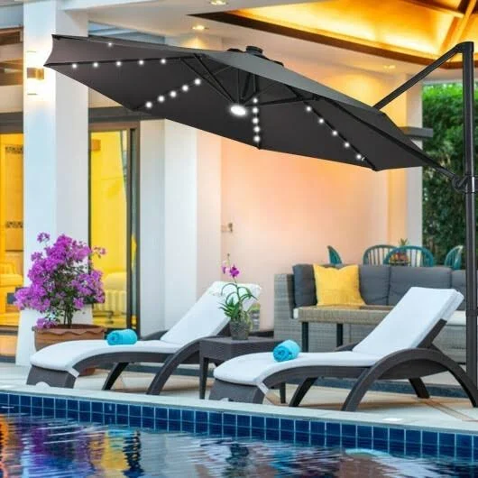 10 ft Patio Offset Cantilever Umbrella with Solar Lights-Gray