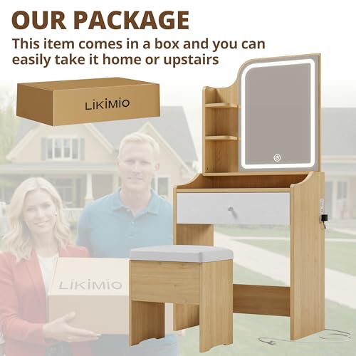 LIKIMIO Small Makeup Vanity Desk with Mirror and Lights, Vanity Table Set with Storage Drawer, Chair and Three Shelves, Bedroom, White