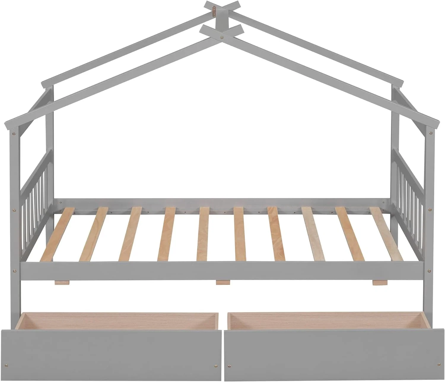 Size House Bed With Drawers, Wooden Platform Bed Frame With Headboard And Footboard, Roof Design, For Guest Room/Living Room, Gray