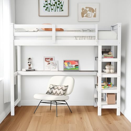 Full Size Loft Bed with L-Shaped Desk, Wardrobe and Storage Shelves, Solid Wood Bedframe w/Safety Guardrails & Ladder for Kids Teens Adults
