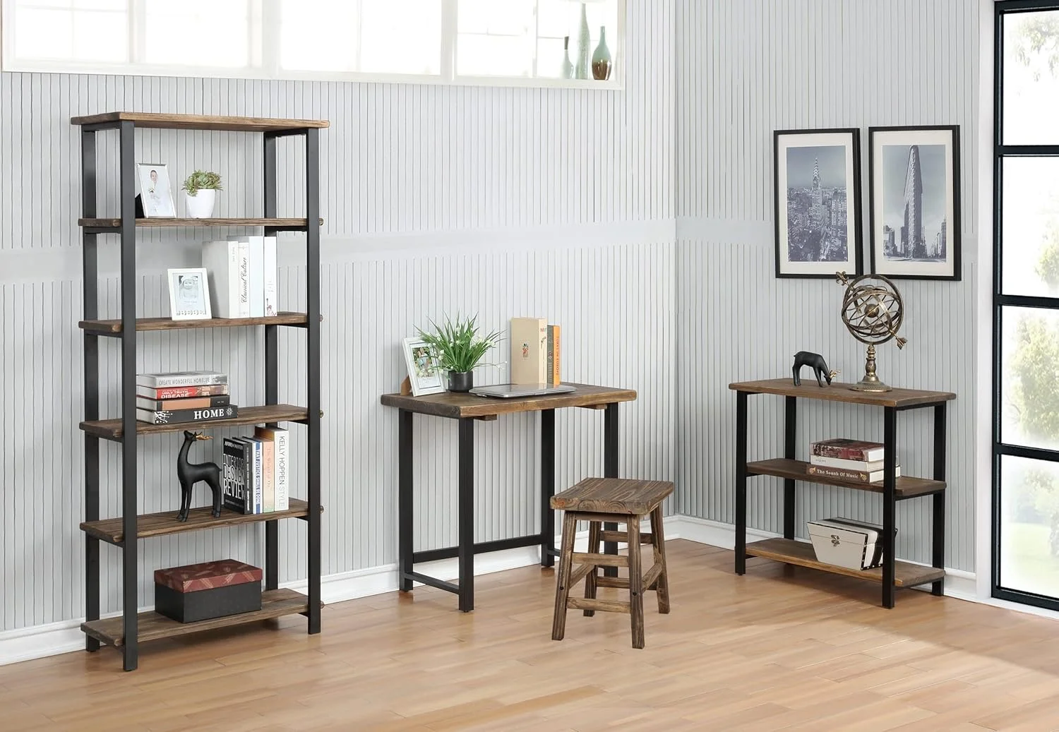Pomona 31" Tall 2-Tier Solid Wood And Metal Under-Window Bookcase, Rustic Reclaimed Wood Design, Industrial, Stylish, Durable Lacquer Finish