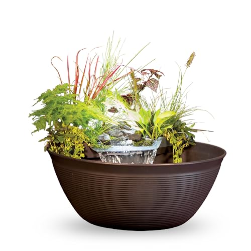 Aquascape AquaGarden Container Water Feature Kit – Indoor & Outdoor Mini Pond with Waterfall Fountain, Pump & Filtration for Home & Patio, Brown