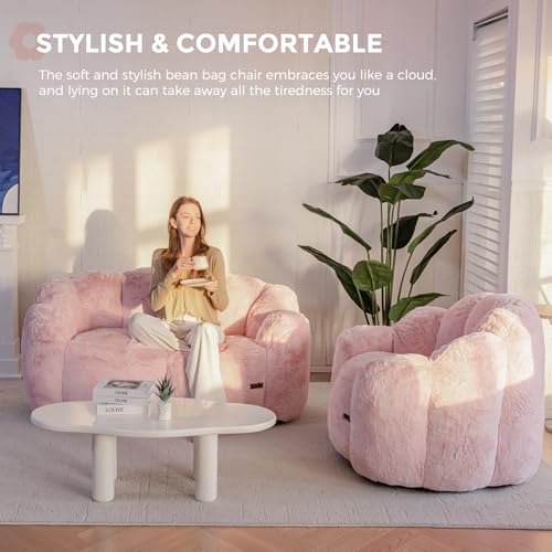 MAXYOYO Bean Bag Chair for Adults, Floral Shaped Bean Bag Sofa, Ultra Soft Faux Fur Floor Sofa, Large Reading Chair for Living Room Bedroom, Beige