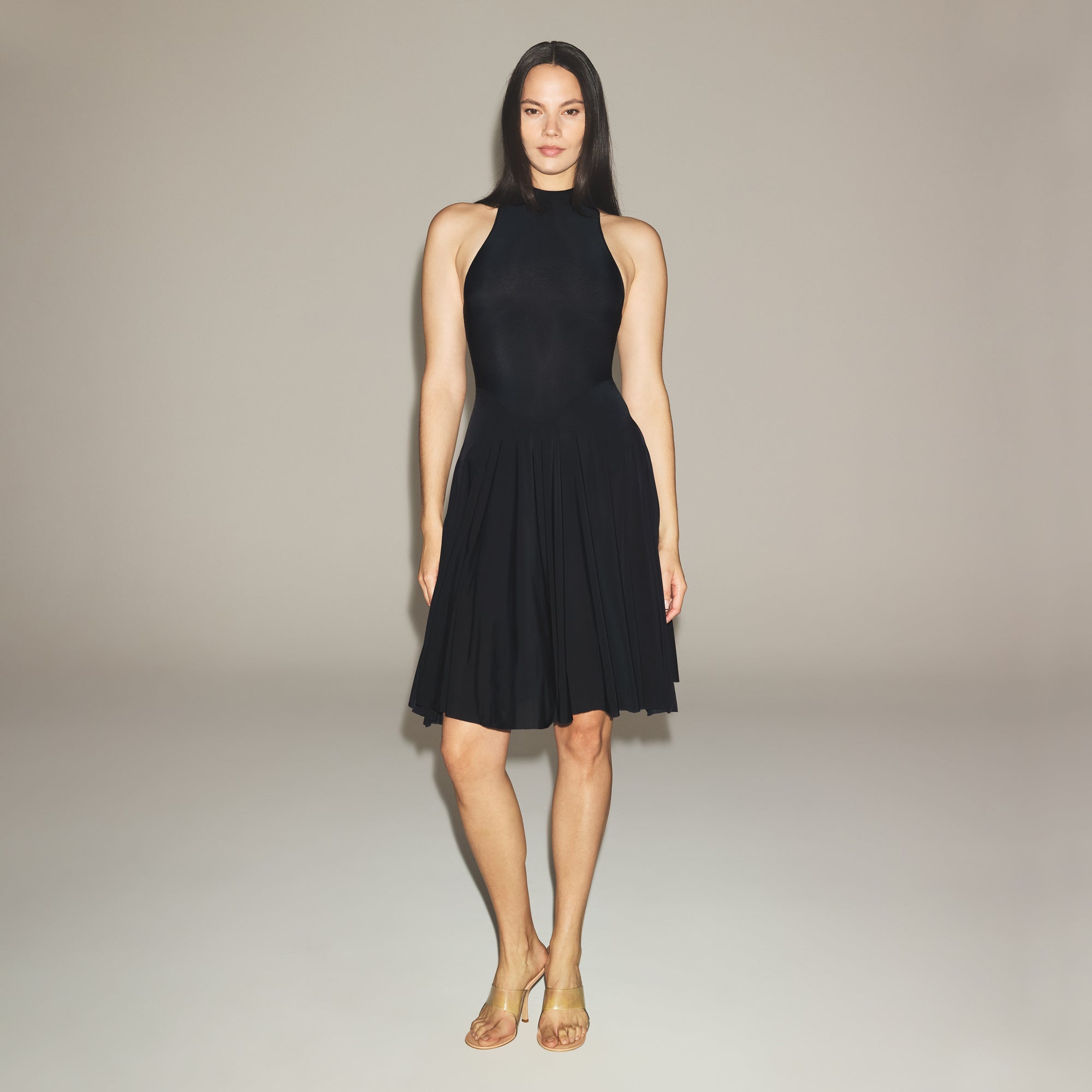 MILKY SHEER HIGH NECK MIDI DRESS | OBSIDIAN