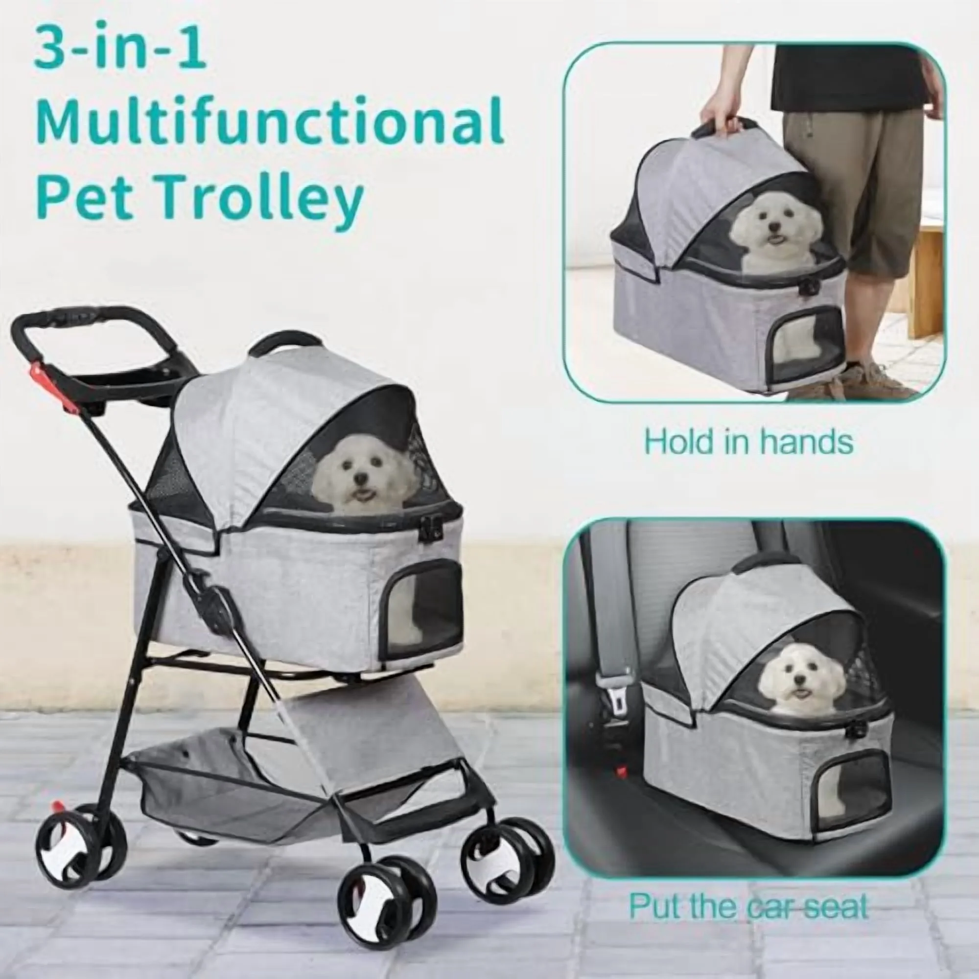 4 Wheels Foldable Pet Dog Cat Jogger Stroller Travel Carrier Strolling Cart w/Waterproof Cover Storage Basket Cup Holder &amp