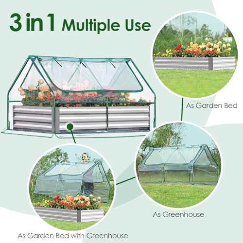 Quictent Raised Garden Bed Galvanized Raised Beds for Gardening Vegetables with Cover 8x4x1 ft Metal Planter Box Outdoor Use (Clear)