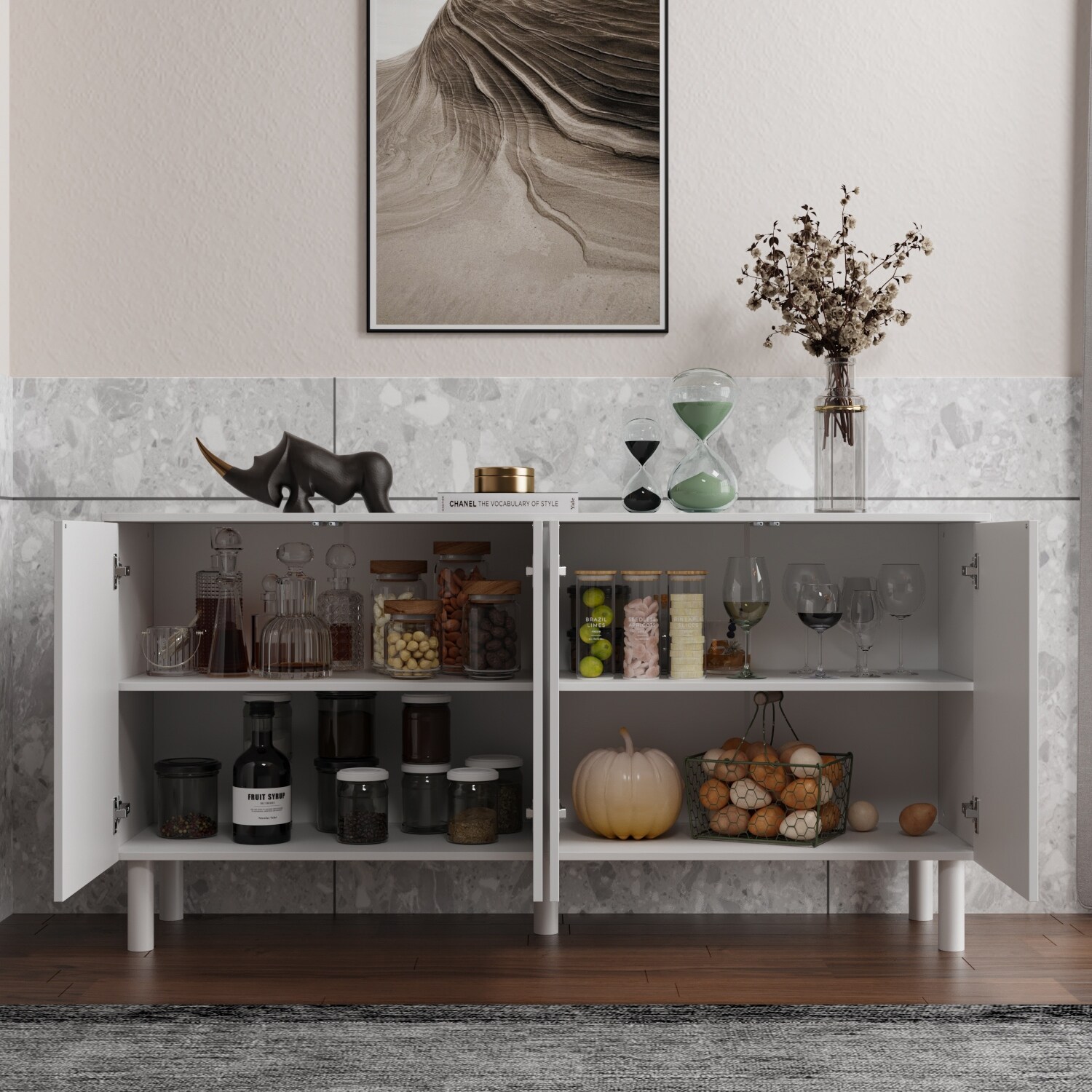 63.2"W Bookcase Credenza Sideboard Buffet with Drawer & Pop-Up Doors