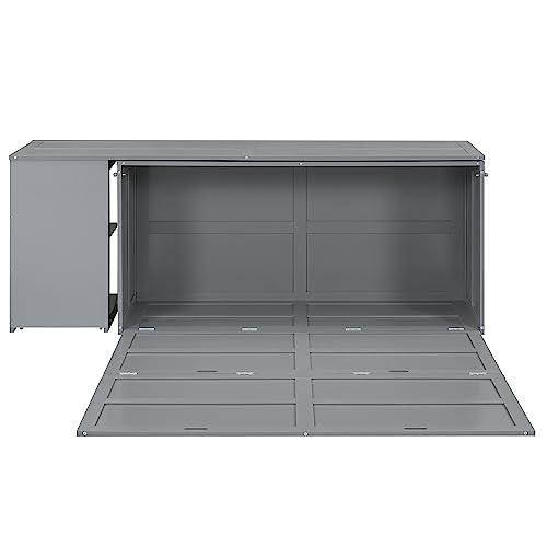 Full Size Murphy Cabinet Wall Bed With Storage and Bookcase Headboard, Solid Wood Cabinet With Shelves and USB Ports, Platform Floor for Home Office