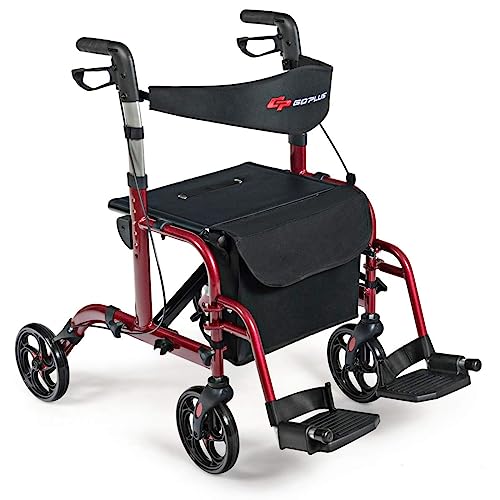 GOPLUS 2 in 1 Rollator Walkers for Seniors, Folding Rollator Walker with Seat, 8-inch Wheel Medical Drive Walker Wheelchair Combo with Backrest