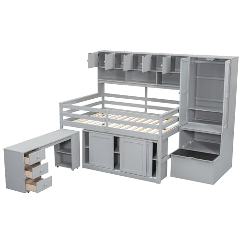 Harper & Bright Designs Full Size Loft Bed with Wardrobe, Wooden Full Loft Bed Frame Big Storage with Under-Bed Desk, Drawers and Shelves, Gray