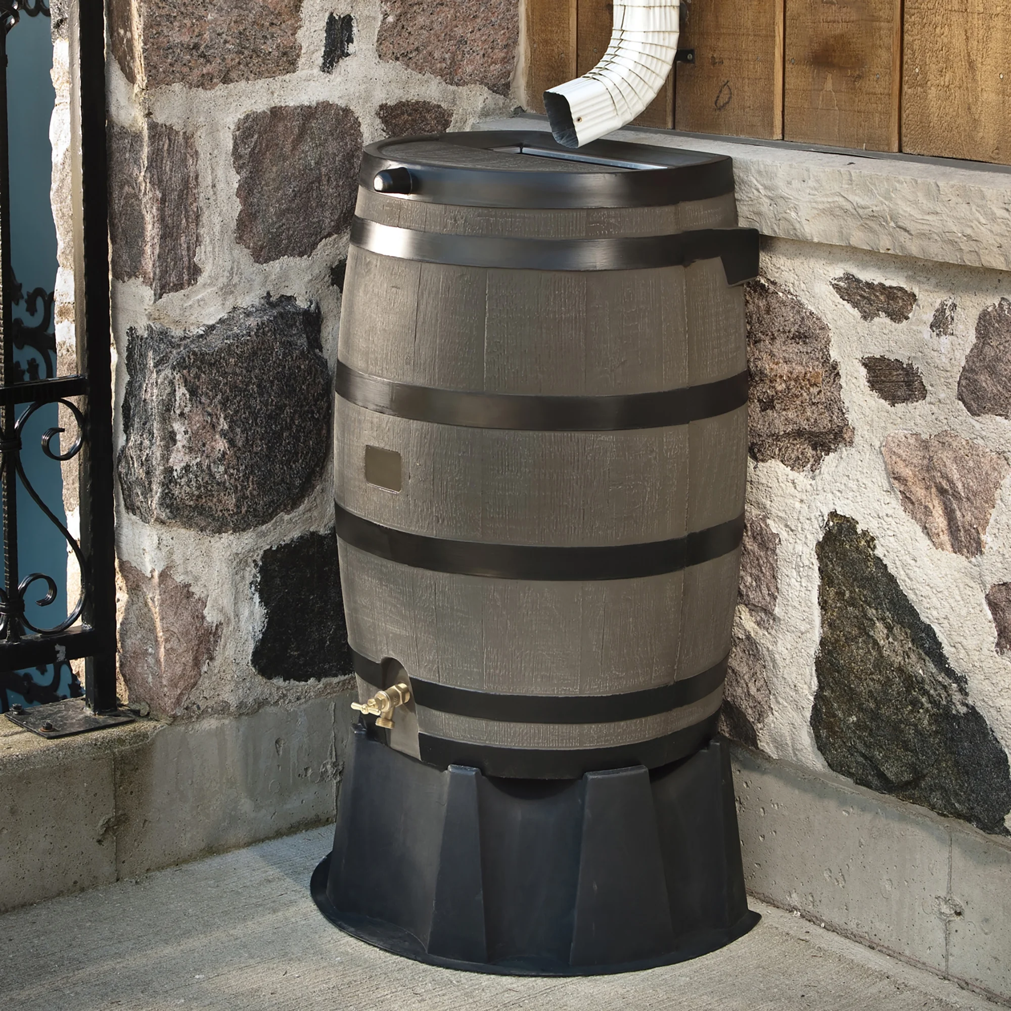 RTS Home Accents Polyethylene 50 Gallon Flat Back Brass Spigot Rain Barrel, Woodgrain with Black Stripes Color - Radiant Selections