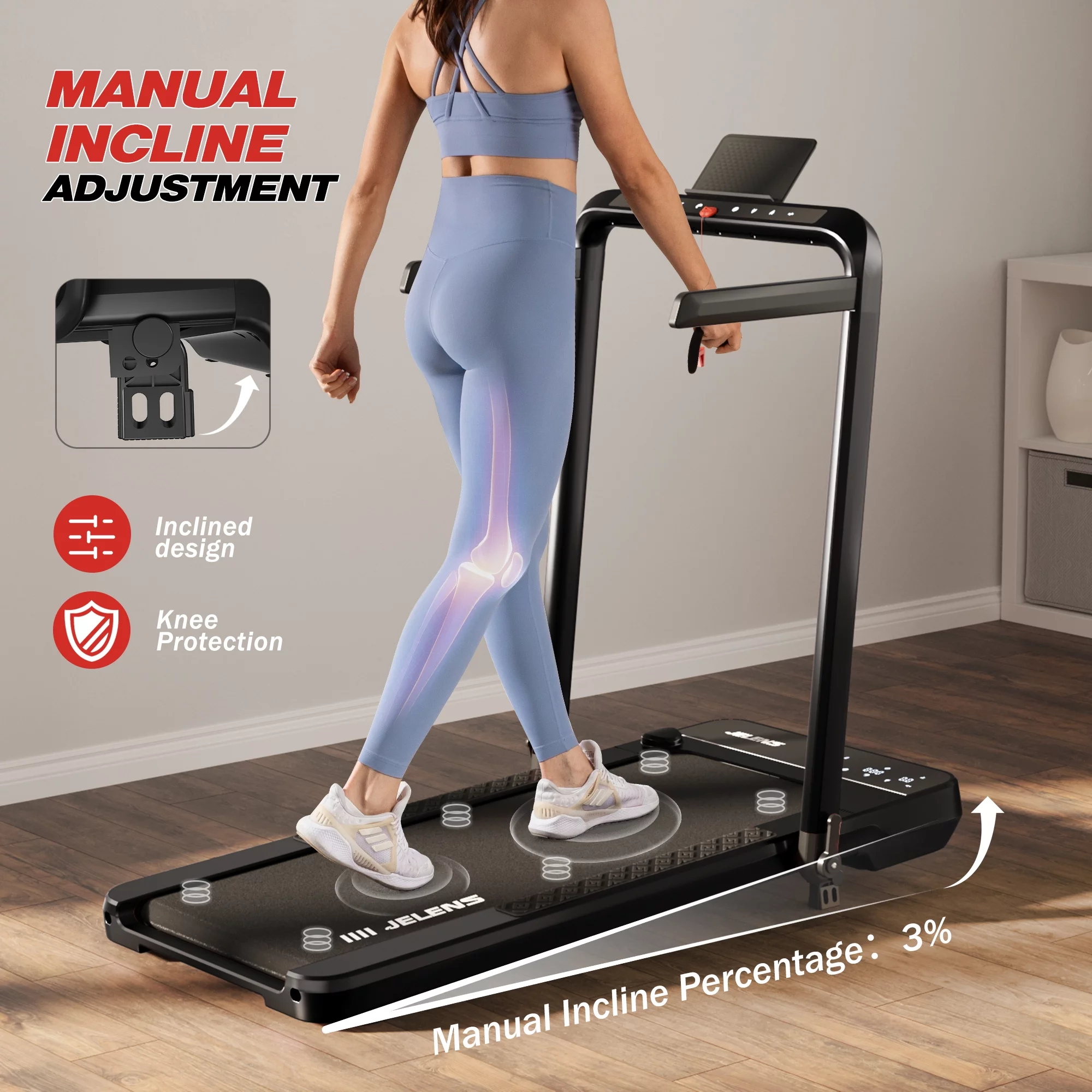 JELENS 2 in 1 Incline Treadmill Under Desk Walking Pad 2.5HP Home Folding Treadmills with Gesture Sensing Control