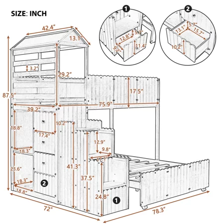 CHURANTY Wood Twin Over Full Loft Bed Stairway House Bed with Stairs and Drawers