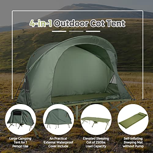Tangkula 4-in-1 Camping Cot Tent, Foldable Off Ground Elevated Tent Set for 1 Person, Portable Tent with Waterproof External Cover