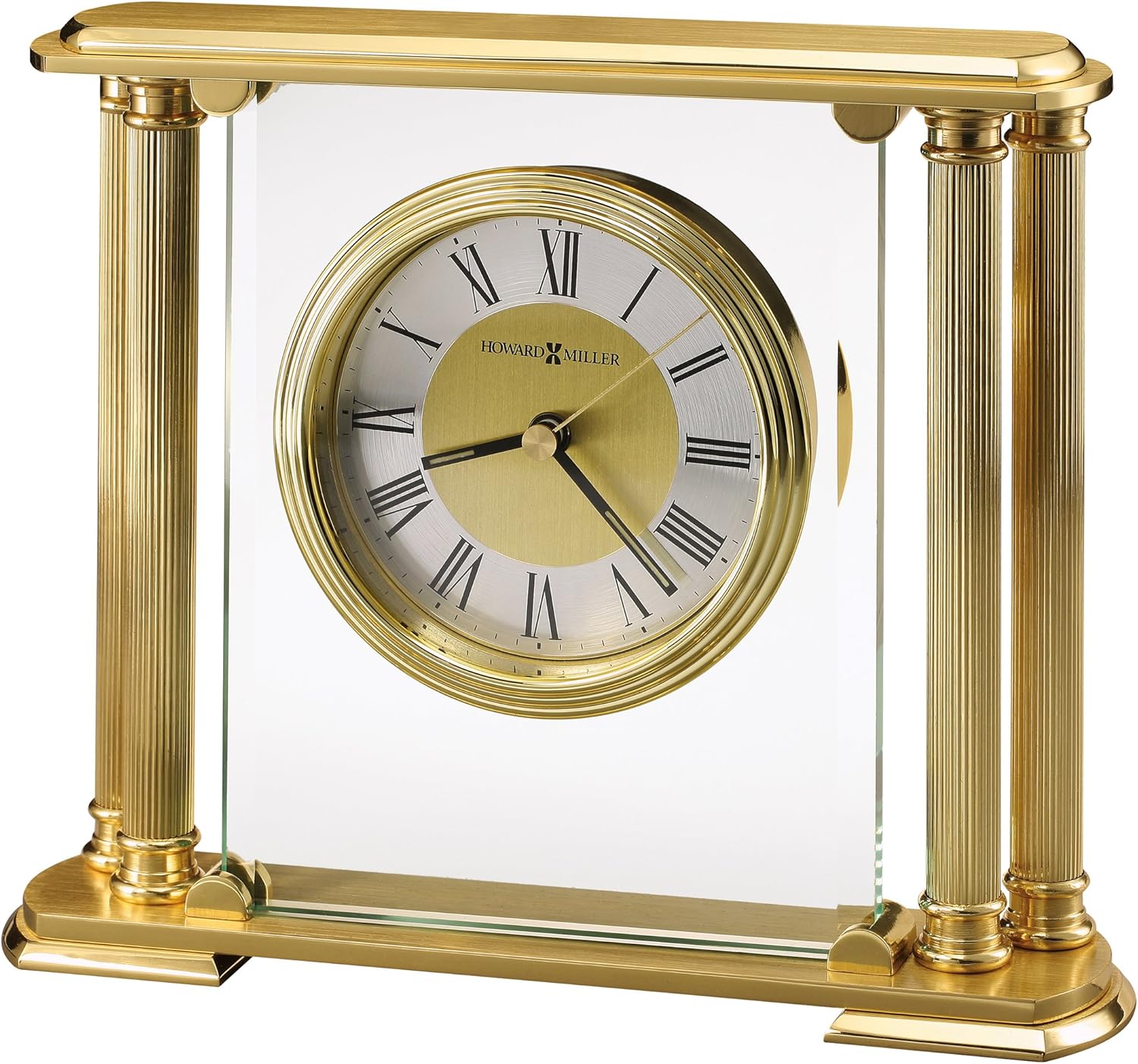 Howard Miller Athens Table Clock 613-627 – Brushed Solid Brass Finish, Glass Crystal, Polished Edges, Brass Feet & Felt Bottom, Antique Home Décor