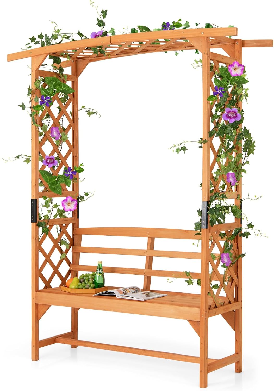 Happygrill Patio Garden Arbor with Bench, Garden Arch Trellis w/Pergola & Side Trellises for Climbing Plants Vines Grapes