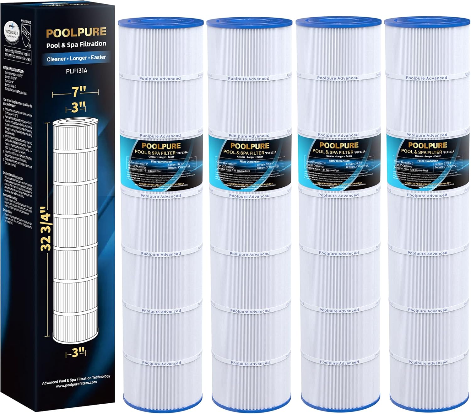 POOLPURE PLF131A Pool Filter Replaces Pleatco PA131-PAK4, Ultral-A2, Hayward CX1280XRE, SwimClear C5020, Unicel C-7494, Filbur FC-1227, FC-6435
