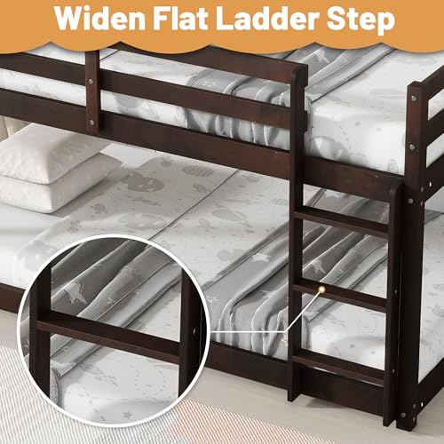 Bunk Bed Twin Over Twin, Wood Low Profile Floor Twin Bunk Beds with Ladder Guardrails for Kids Boys and Girls, No Box Spring Needed