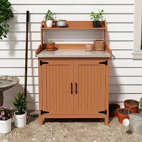 Outdoor Potting Bench with Storage, Wooden Garden Potting Table with Metal Tabletop and Removable Shelf, Potting Work Bench Station for Garden, Patio