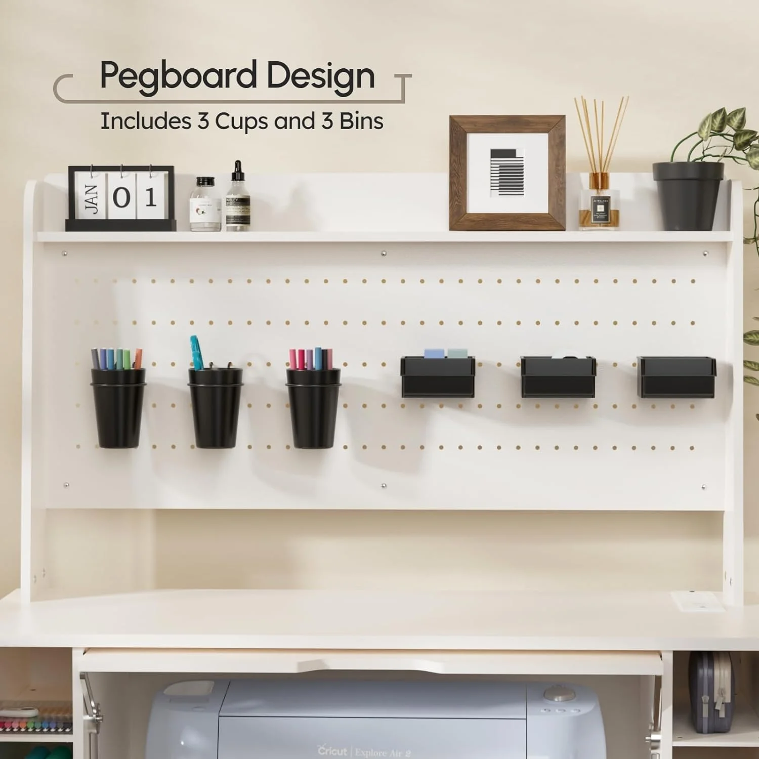 Organization and Storage Cabinet Compatible with Cricut Machines, Craft Cabinet Table Crafting Desk Organizer with Charging Station, Pegboard