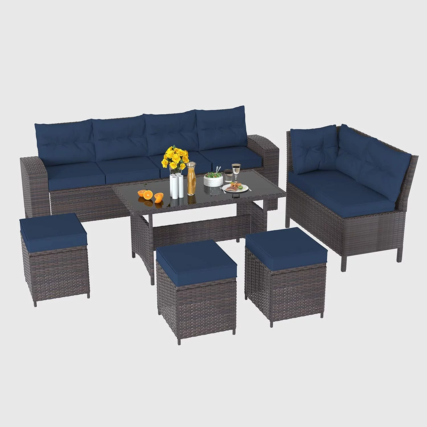ALAULM 7 Pieces Outdoor Patio Furniture Set with Dining Table Outdoor Dining Set Sectional Sofa Brown Rattan Patio Conversation Set with Red Cushions