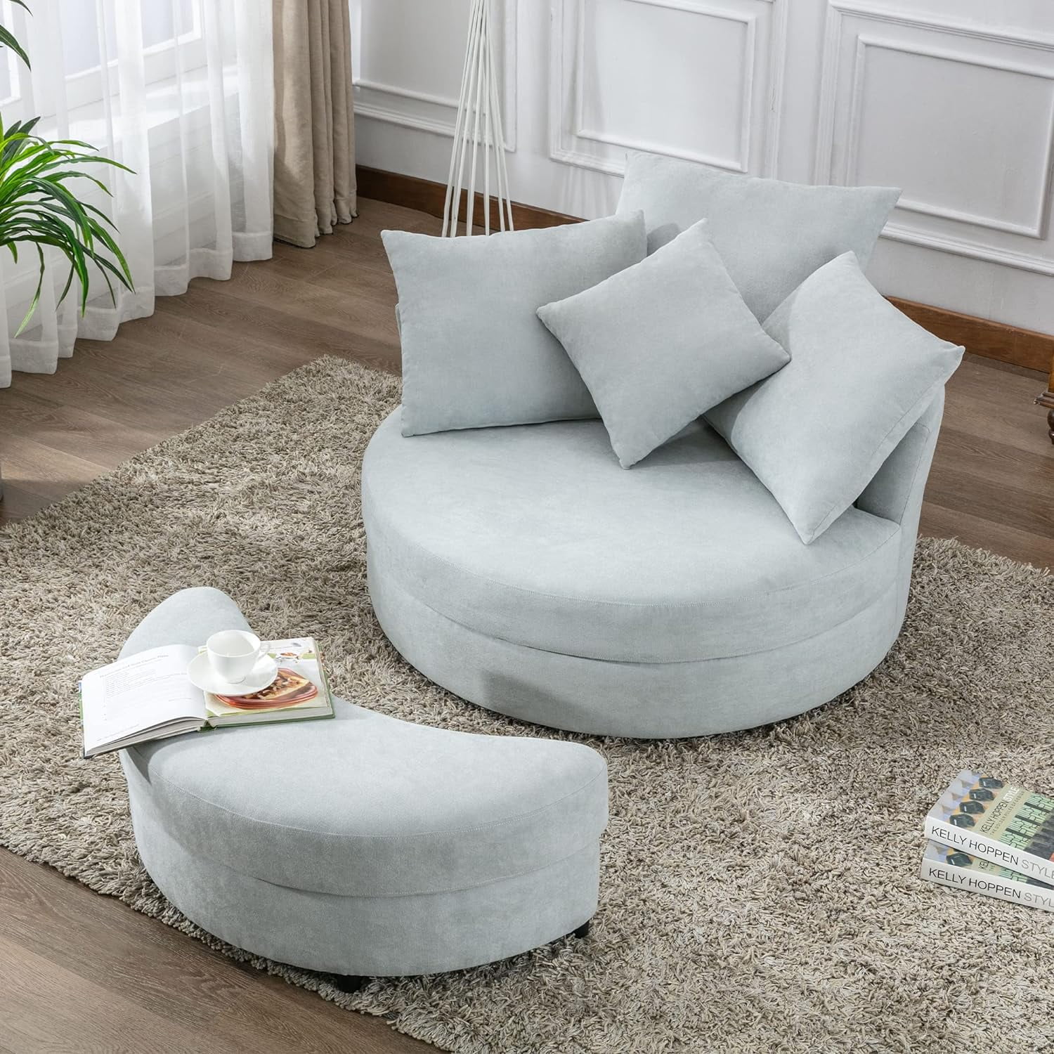 Swivel Accent Barrel Chair With Storage Ottoman & 4 Pillows, Modern Linen Leisure Chair Round Accent For Living Room