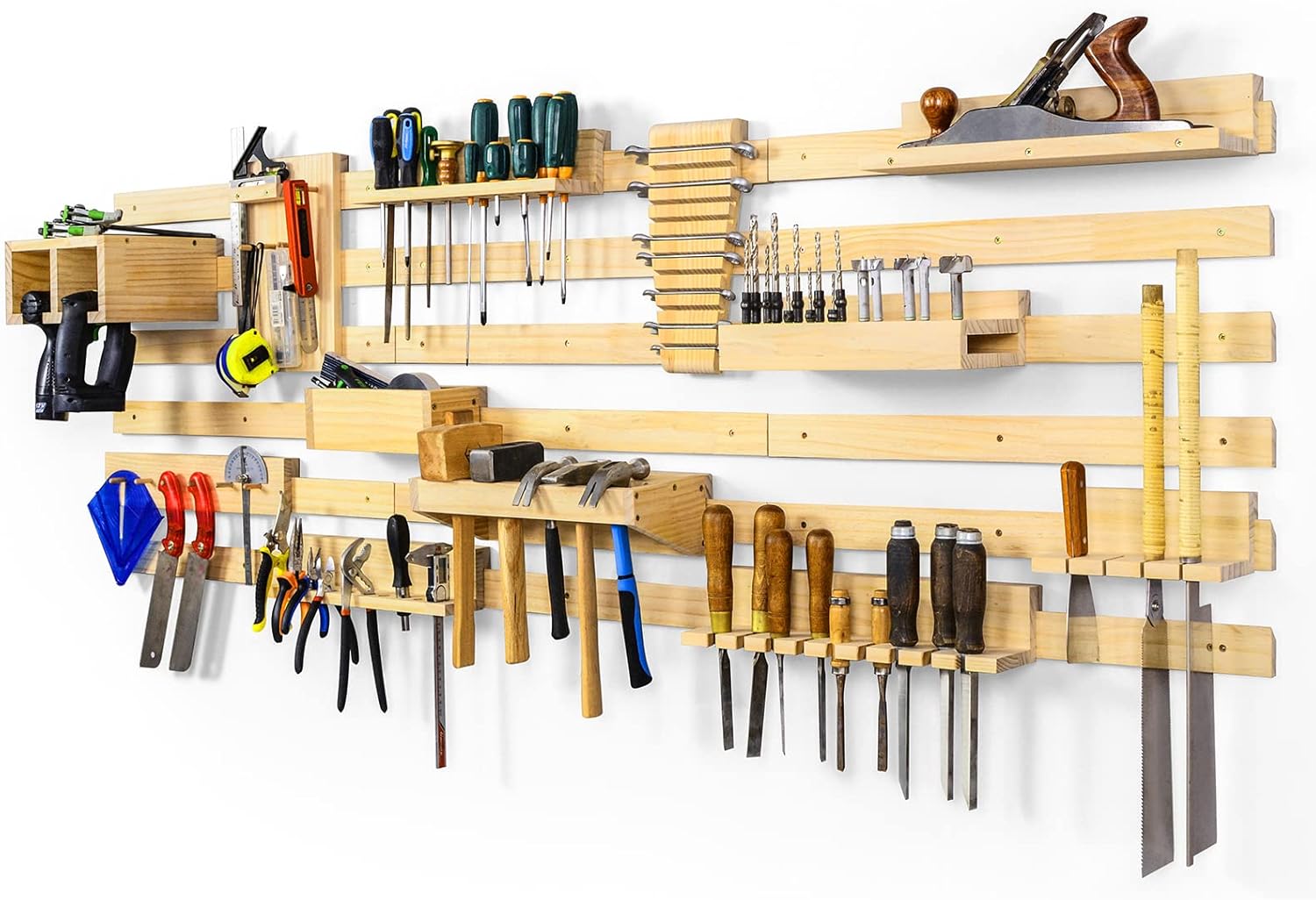 Ikkle Pine Pegboard Organizer Garage Wall Storage, Wood Panel Tool Organizer Kit Peg Board Panel with Power Tool Screwdriver  Holder for Workshop