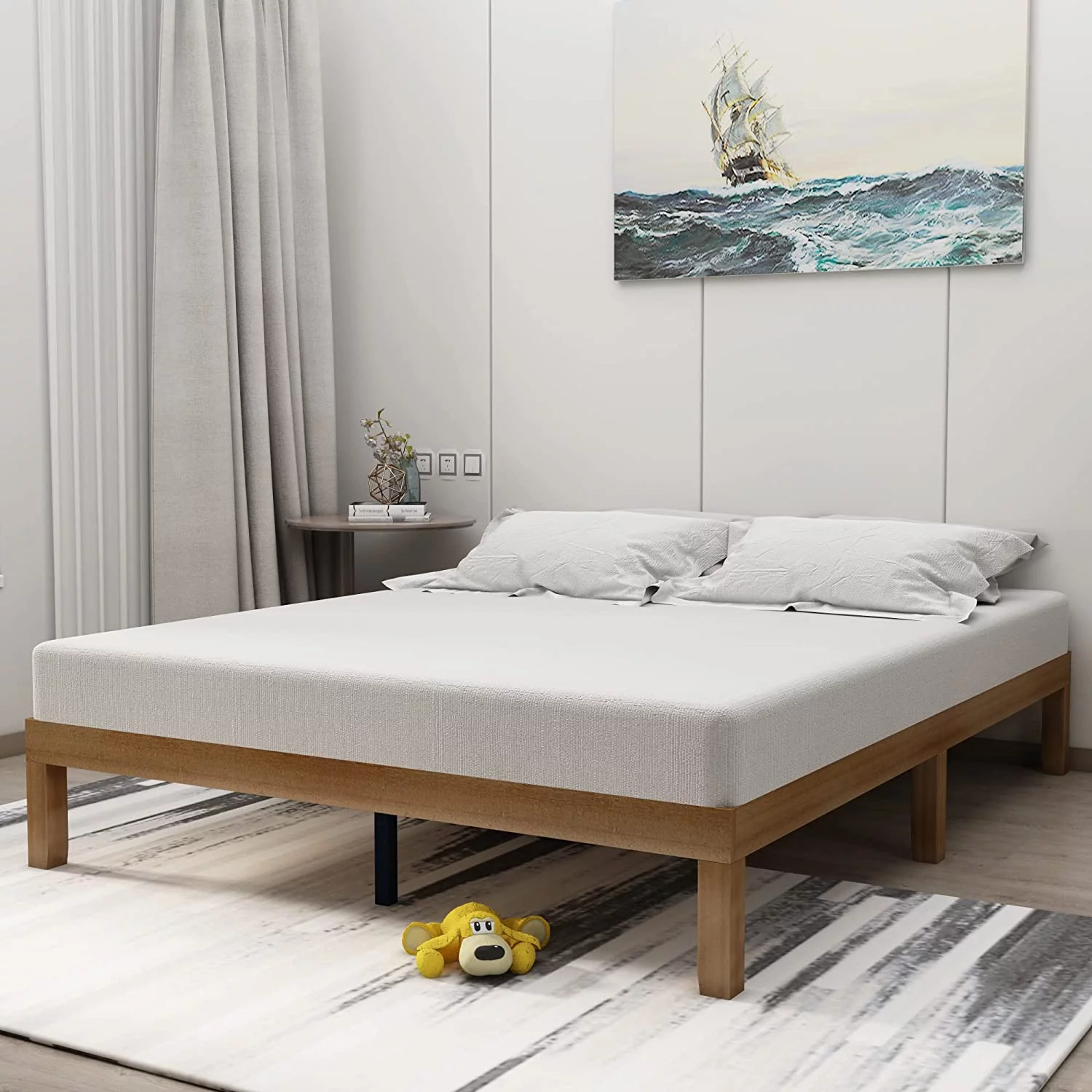 AngLink Queen Size Wood Platform Bedframe - No Headboard Bed Frame with 10 Legs Support, No Box Spring Needed, Strong Wood Slat Support