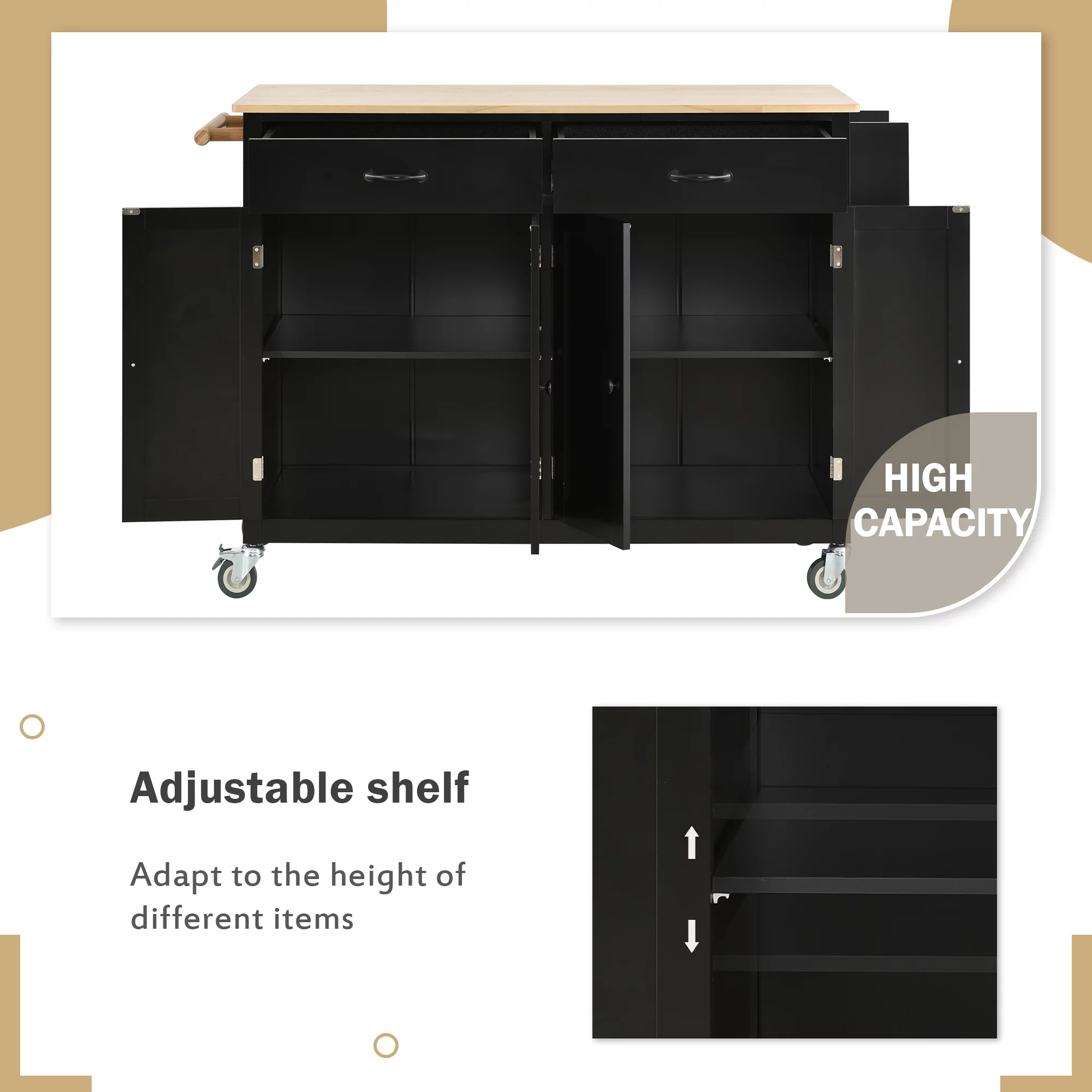 Movable Kitchen Island Cart, Storage Cart with 4-Door Cabinets and 2 Drawers, Modern Wood Kitchen Storage Cart with 2 Lockable Wheels