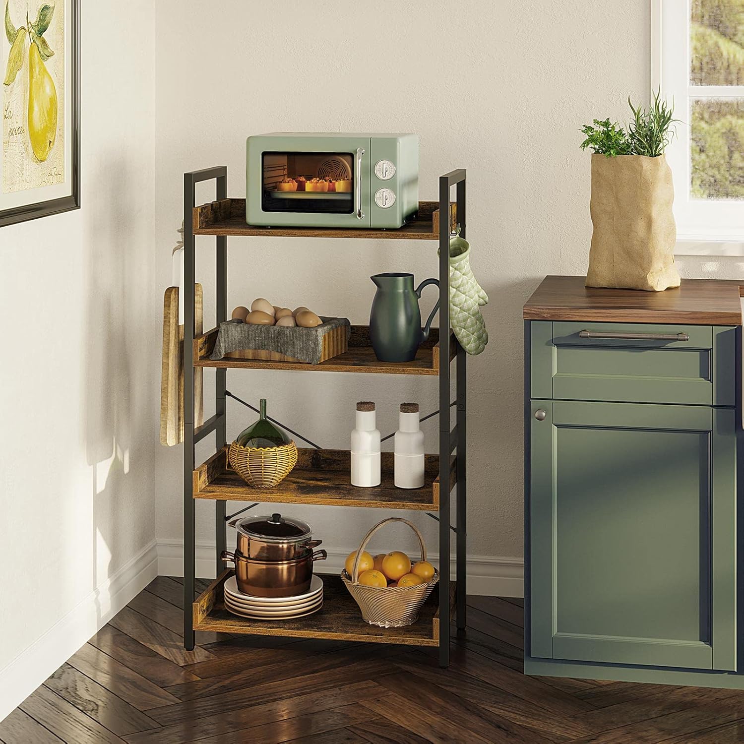 Rolanstar 5 Tier Bookshelf, Industrial Wood Bookcase with 4 Hooks, Vintage Storage Rack with Open Shelves