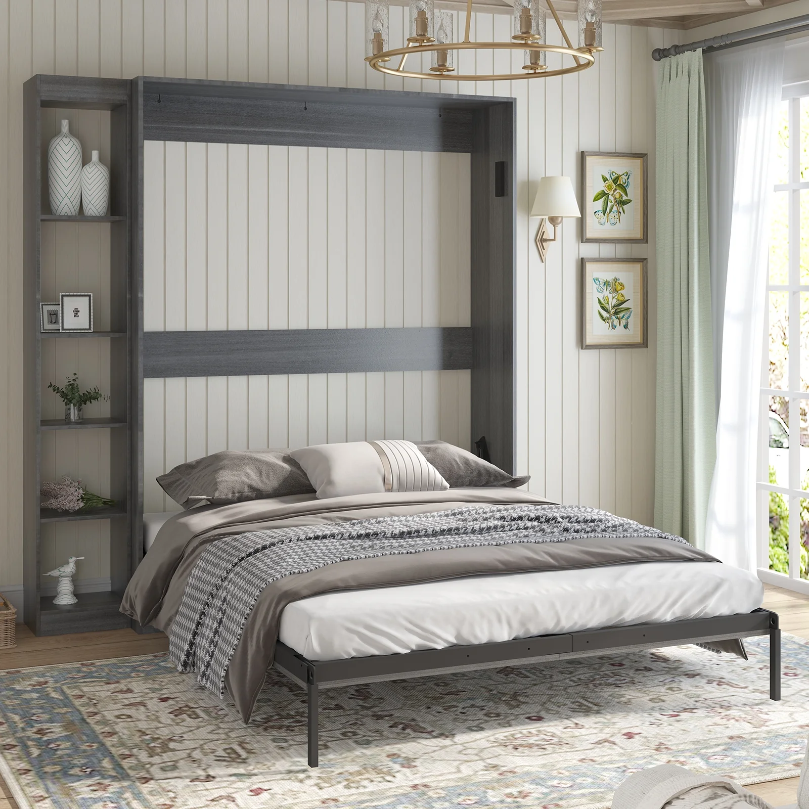 MUZZ Foldable Murphy Bed with 1 Side Cabinet, Folding Wall Bed with Space Saving Design, Fold up Murphy Bed Cabinet for Storage