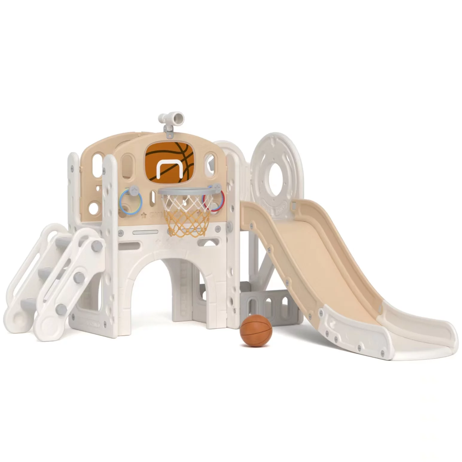 KORIMEFA 7-in-1 Kids Slide with Climber, Toddler Climber Slide Play Set with Basketball Hoop, Tunnel, Telescope and Storage Space