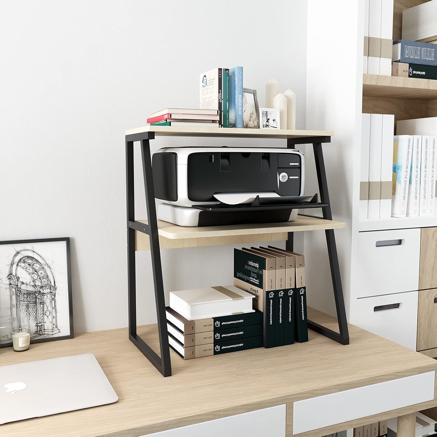 PUNCIA Desktop Printer Stand 3-Tier Large Size High Capacity Storage Shelves Multi-Purpose Desk Office Organization and Storage for Printer Fax Book