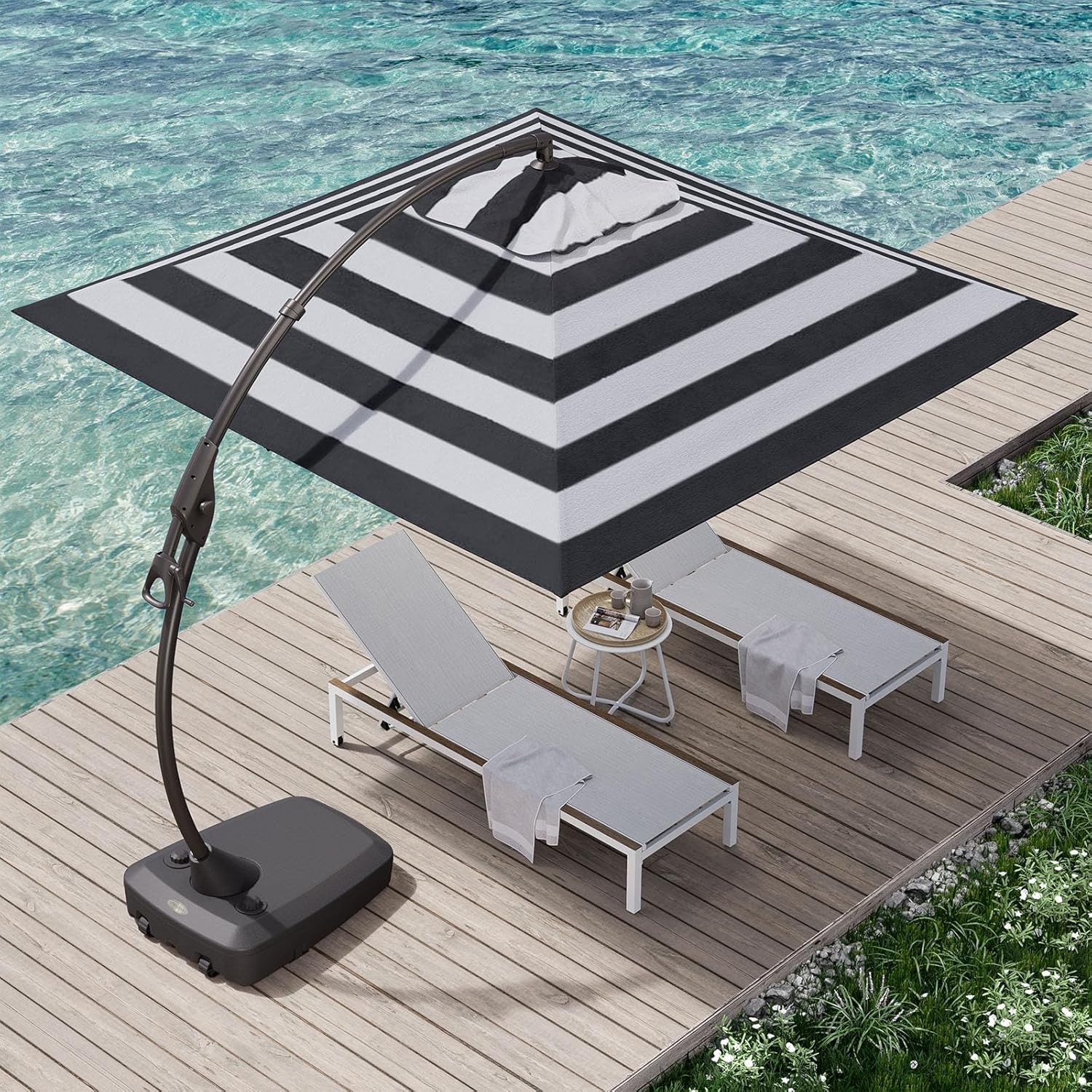 Grand patio 10'x10' Patio Offset Umbrella Aluminum Large Square Cantilever Umbrella Base Included for Deck Porch (Black & White, 10x10 FT)