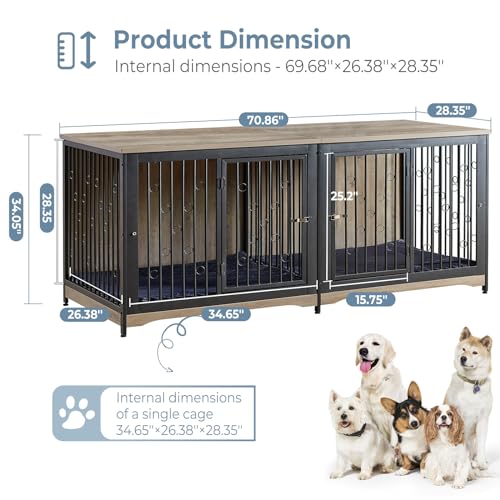 71'' Dog Crate Furniture for 2 Large Medium Dogs, XXL Wooden Indoor Double Crate Kennel Cage Large Breed with Door, TV Stand End Table with Divider