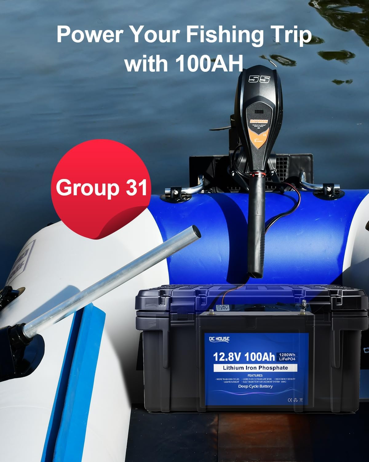 DC HOUSE 12V 100AH LiFePO4 Lithium Battery, Group 31 100AH Marine Battery with 100A BMS, Up to 15000 Deep Cycles Battery for RV, Solar