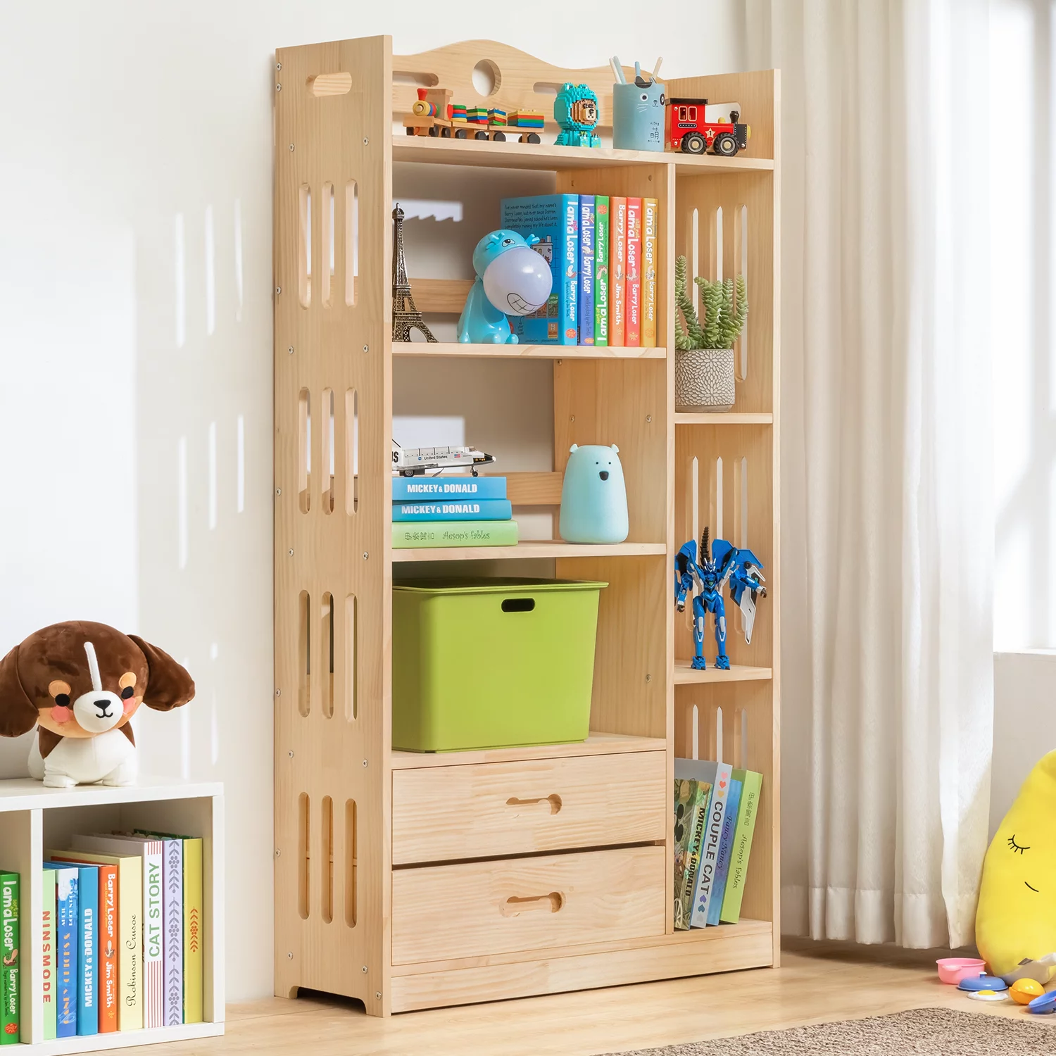 MoNiBloom Wood 5 Tiers 2 Drawers Bookcase, Display Storage Bookshelf, Natural, for Living Room