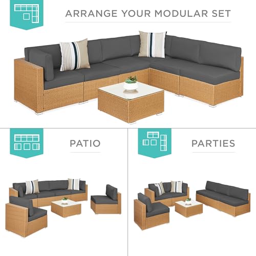 Best Choice Products 7-Piece Modular Outdoor Sectional Wicker Patio Conversation Set w/ 2 Pillows, Coffee Table, Cover Included - Gray/Navy