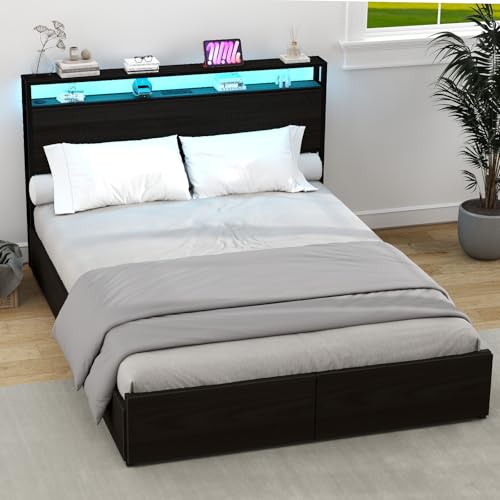 Full Size Bed Frame with Headboard, LED Platform Bed with 4 Storage Drawers, Built in Charging Station, Noise-Free, Metal Support Base