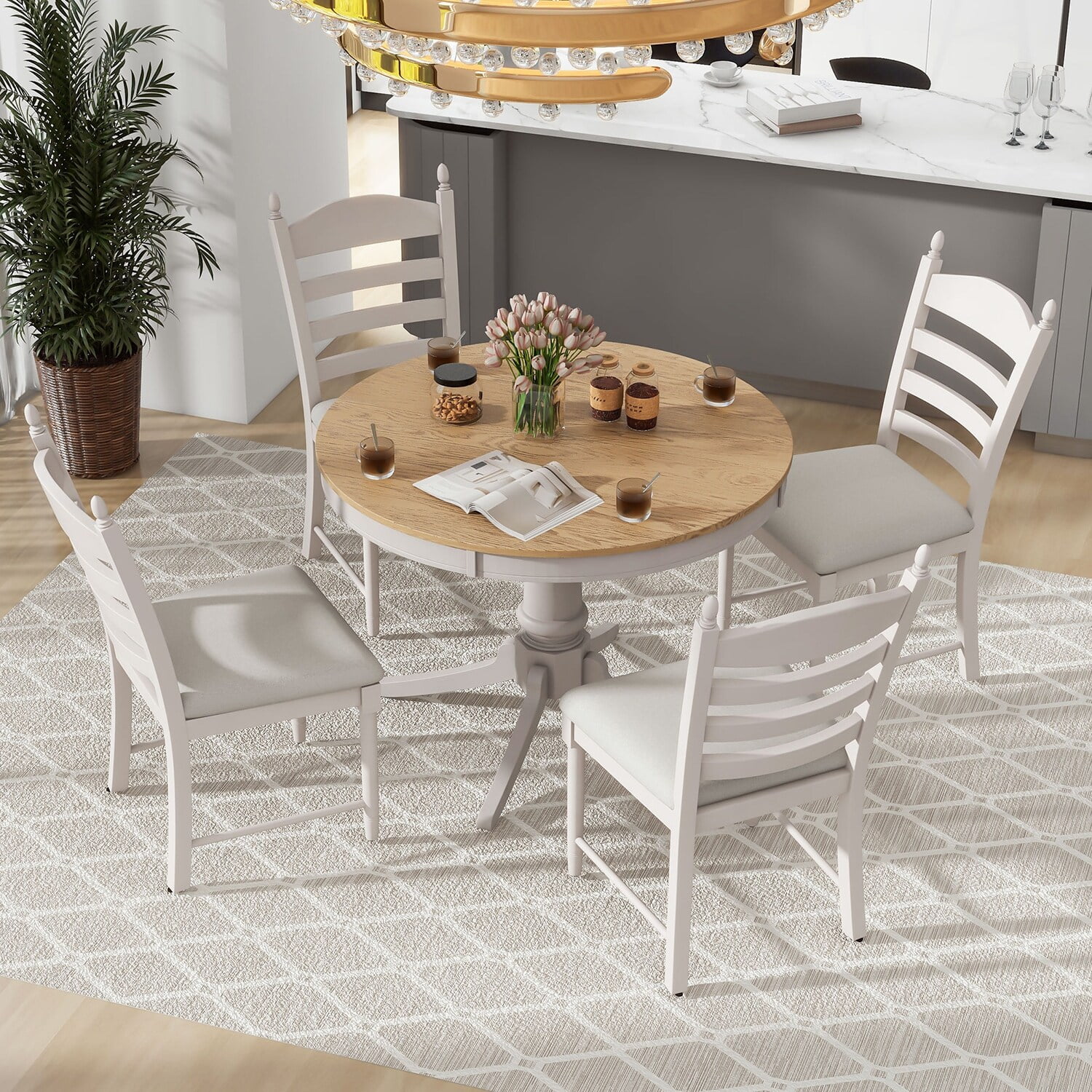 5-Piece Dining Table Set,Extendable Table and 4 Upholstered Chairs Natural+White