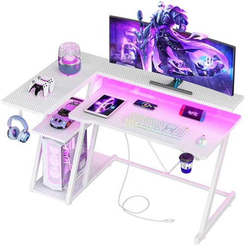 55 Inch Gaming Desk with Power Outlet & LED Lights, L Shaped Gamer Computer Table with Storage Shelves for Bedroom, Corner Home Office Desk