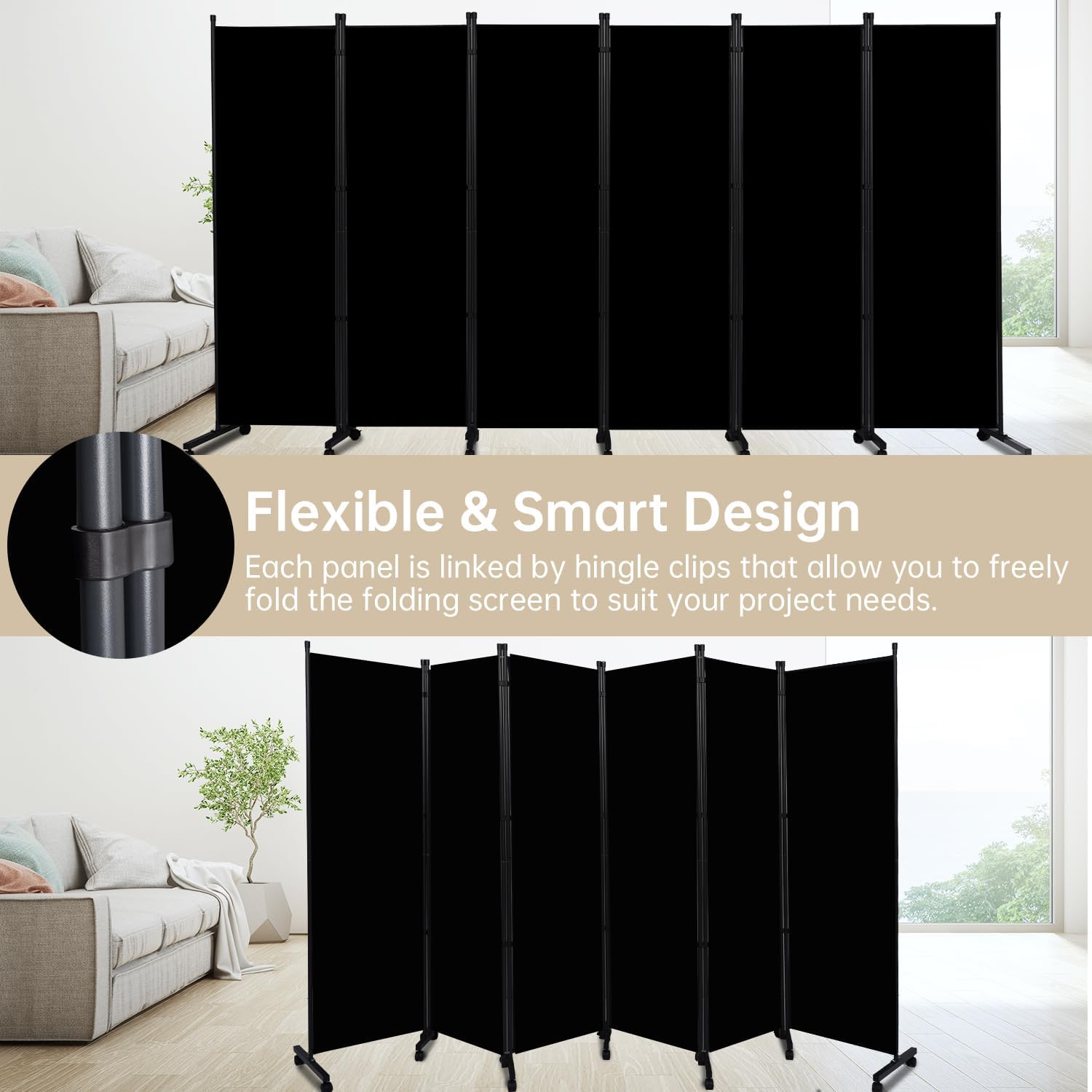 Room Divider 6 Panel Room Dividers/Wheels, Fabric Room Divider Panel for Office Room Partitions and Dividers