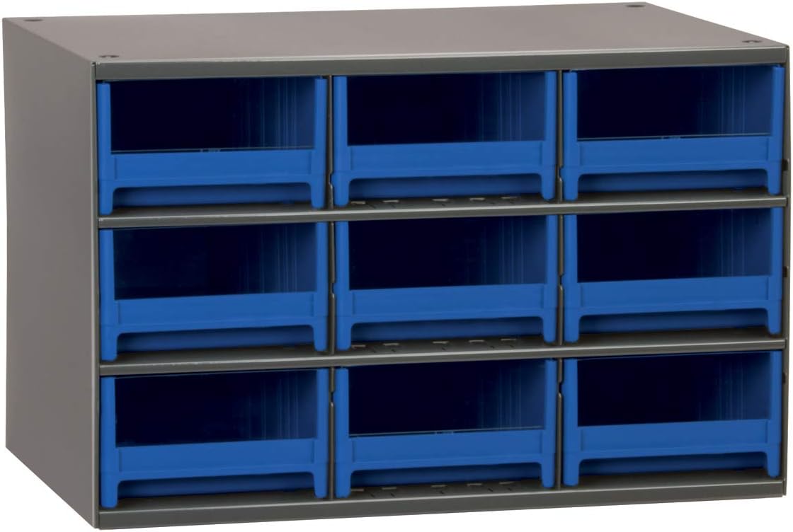 Akro-Mils 9-Drawer Steel Parts Craft Storage Cabinet Hardware Organizer, 19909, (17-Inch W x 11-Inch D x 11-Inch H), Gray Cabinet, Blue Drawers