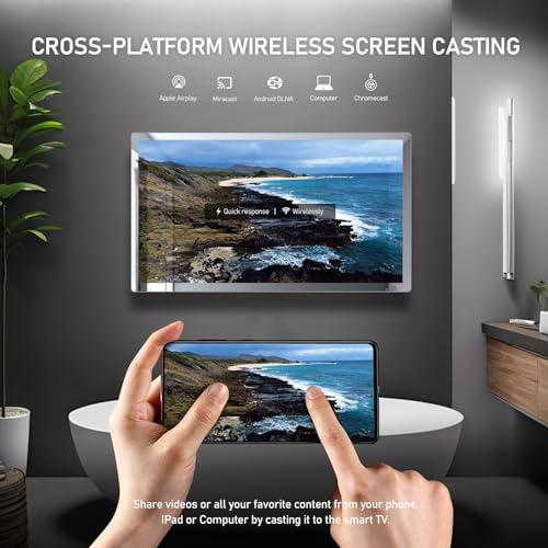 32 inch IP66 Waterproof Android 13 Smart Mirror TV for Bathroom and Bedroom - 4K UHD, Digital Mirror Built-in Voice Assistant, ATSC Tuner, Bluetooth