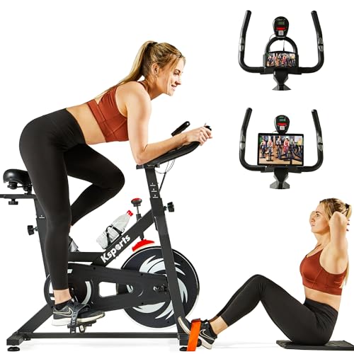 Ksports Home Magnetic Resistance Adjustable Cardio Exercise Stationary Bike for Home Gyms with LCD Screen, Straps, and Ab Mat, Black