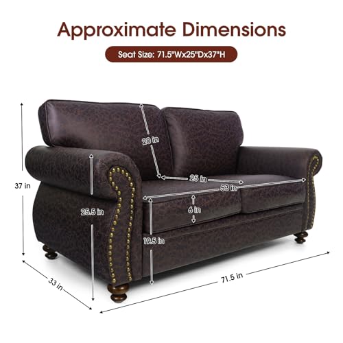 Mid-Century Vintage Sofa Couches with Rivet Design,3-Seater Sofa,Removable Sofa Cover Upholstered Cushions and Solid Wood Frame (Brown, 3-Seater)