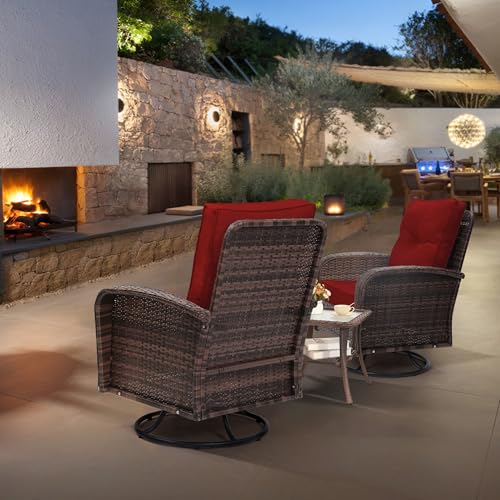 3 Piece Rattan Wicker Bistro Set, Outdoor Conversation Furniture Set with Glass Top Table, Space Saving for Balcony, Backyard, Natural